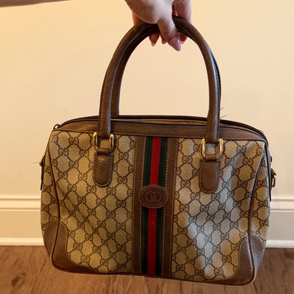 Vintage Gucci Boston Bag Beige and Brown Canvas Handbag with Green-Red Stripe - Picture 10 of 11
